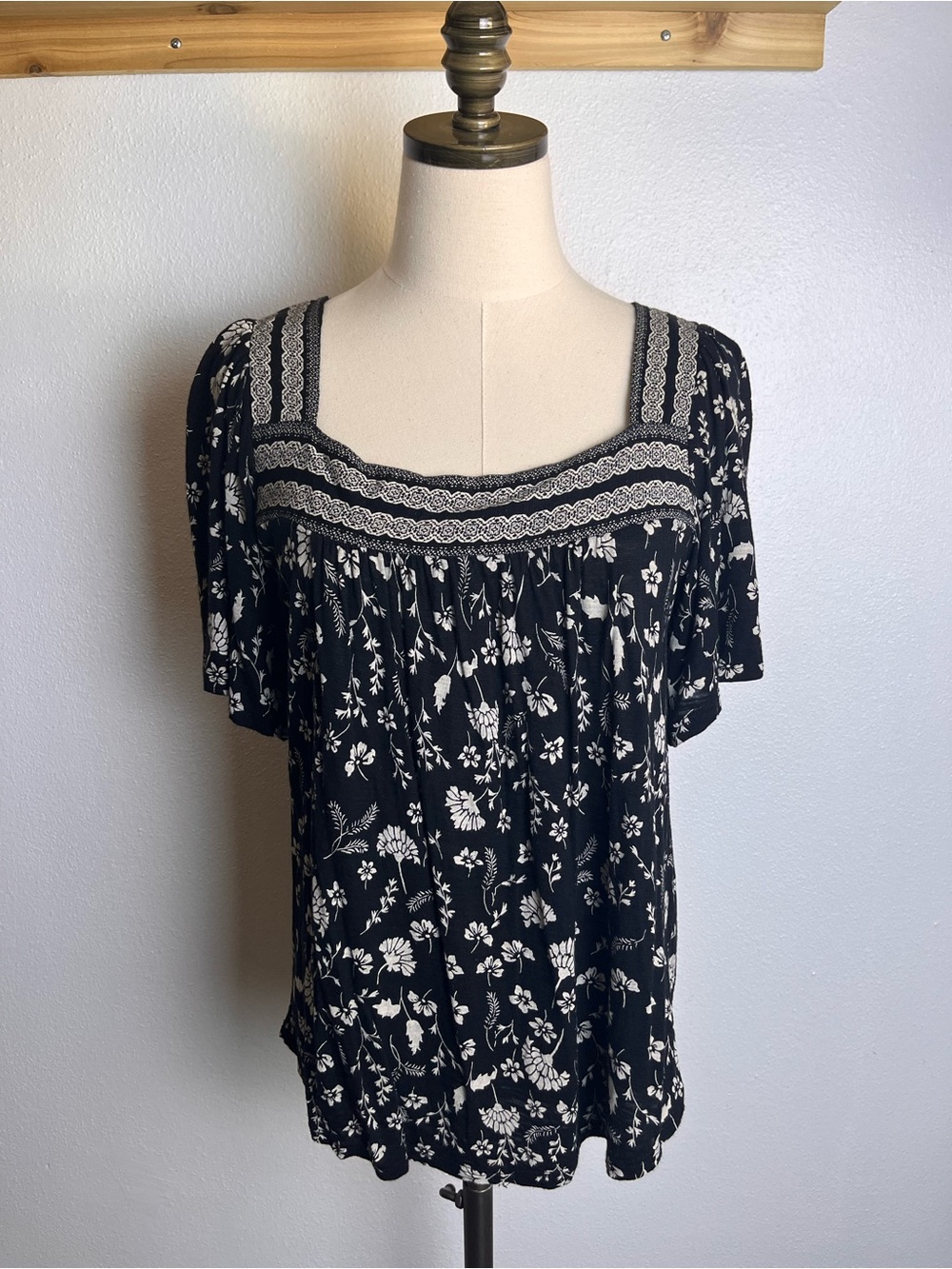Lucky Brand Black and Ivory Floral Square-Neck Blouse